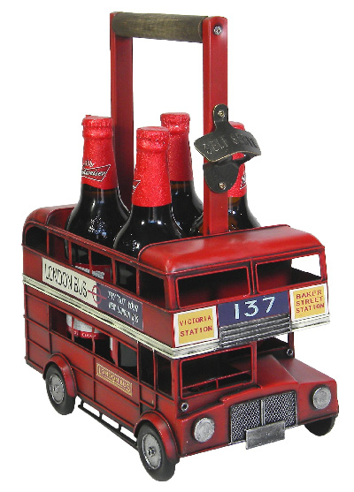Repro Tin Red Double Decker Bus Bottle Carrier